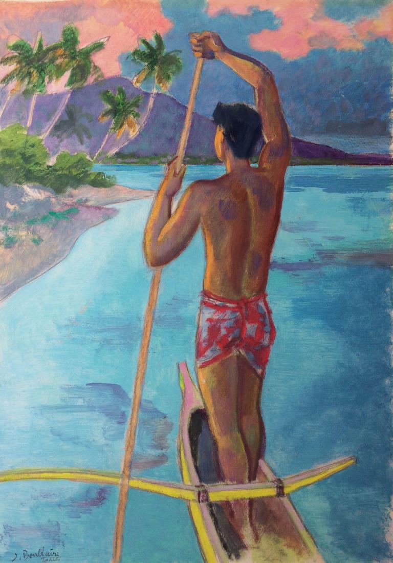 Young Tahitian Man in his pirogue