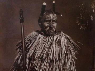 Chief Maori Menehira Whatiwatihoe holding a taiaha