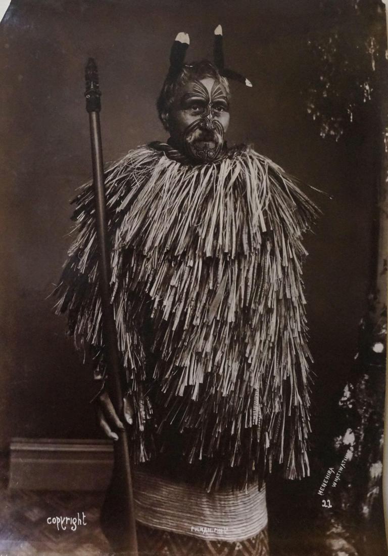Chief Maori Menehira Whatiwatihoe holding a taiaha