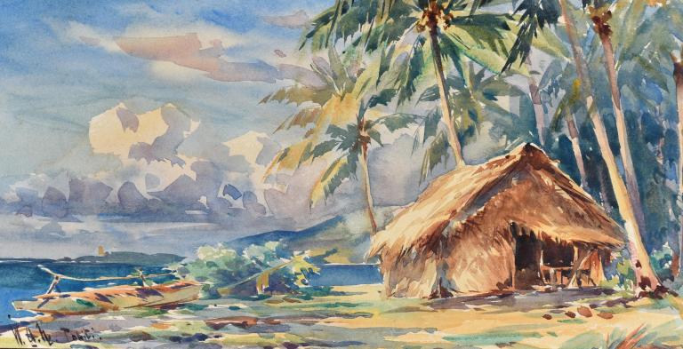 Fisherman's house and pirogue, Tahiti
