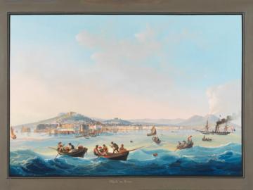 Naples vue de la mer, le jour avec le Vésuve en éruption