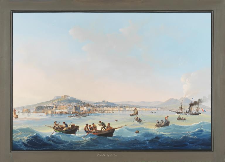 Naples vue de la mer, le jour avec le Vésuve en éruption
