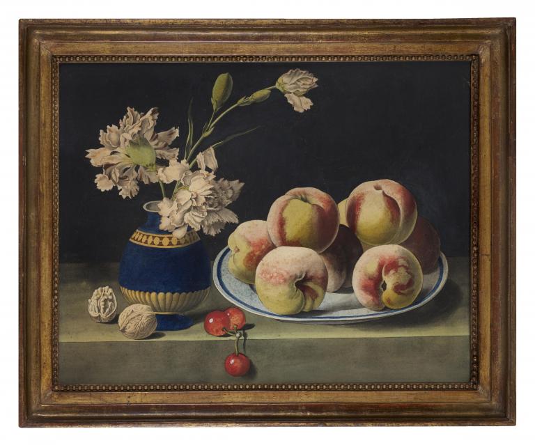 Nature morte à l'assiette de fruits et vase de fleurs