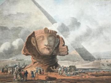 Vue de la tête colossale du Sphinx et de la 2ème Pyramide d’Égypte