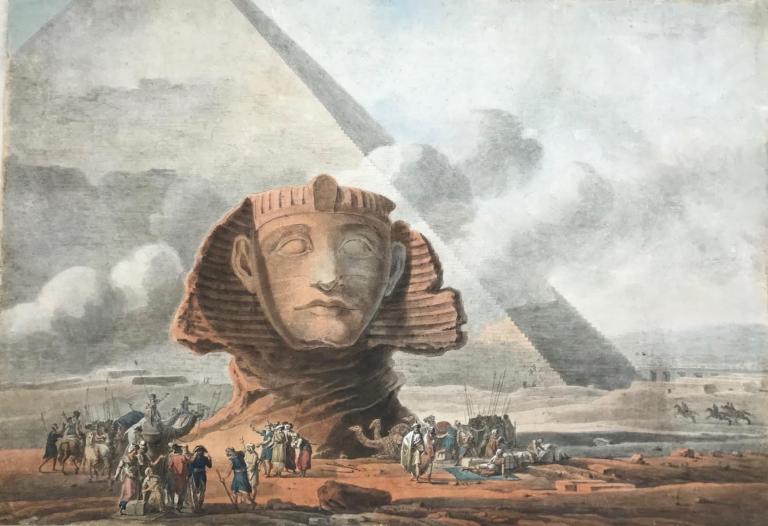 Vue de la tête colossale du Sphinx et de la 2ème Pyramide d’Égypte