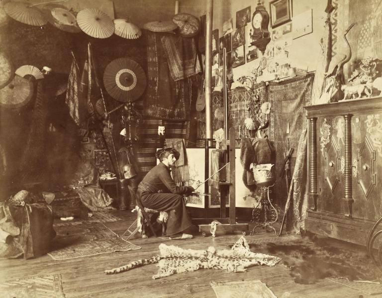 The painter Georges Antoine Rochegrosse in his sudio