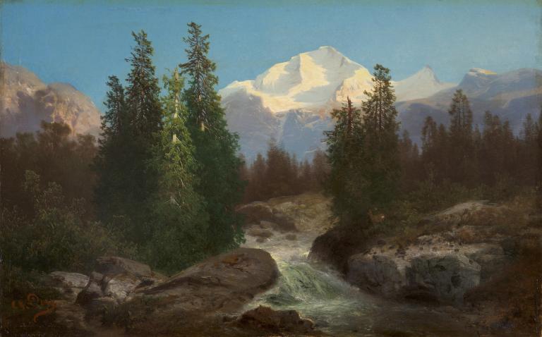 Torrent au pied des montagnes enneigées (Jungfrau, Suisse)