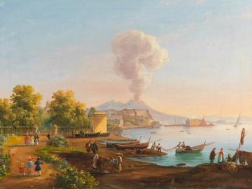 Naples, view of the gardens of Villa Reale, Vesuvio in the background 