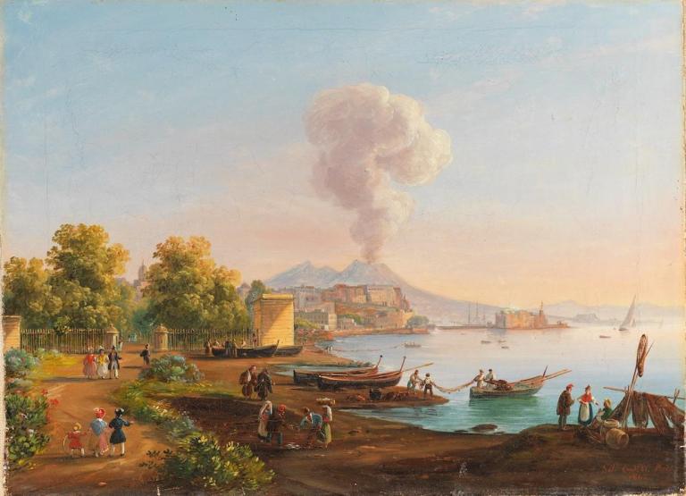 Naples, vue de l'entrée des jardins de la villa Reale, le Vésuve au loin 