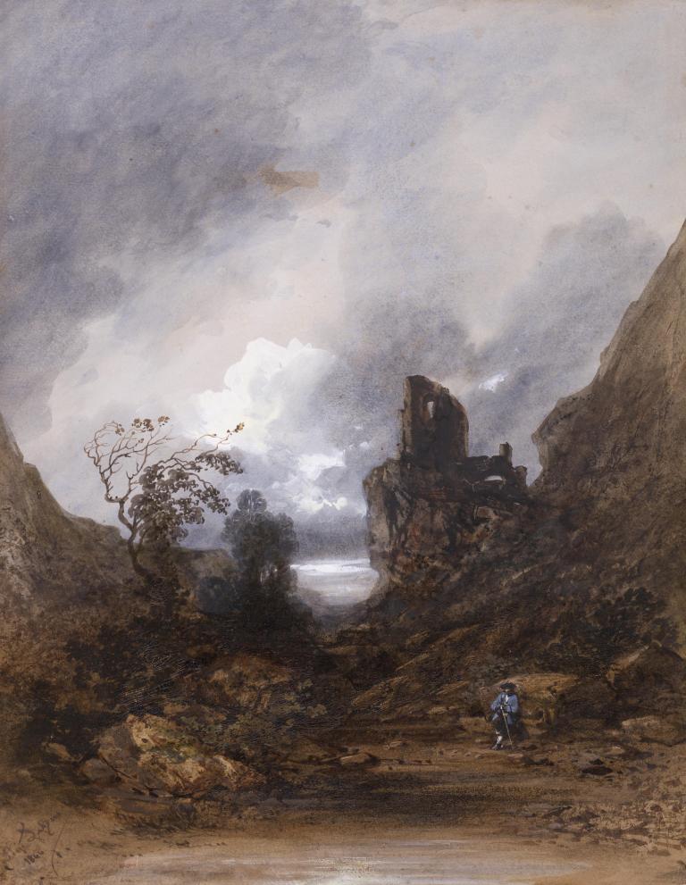 Paysage orageux au château en ruine